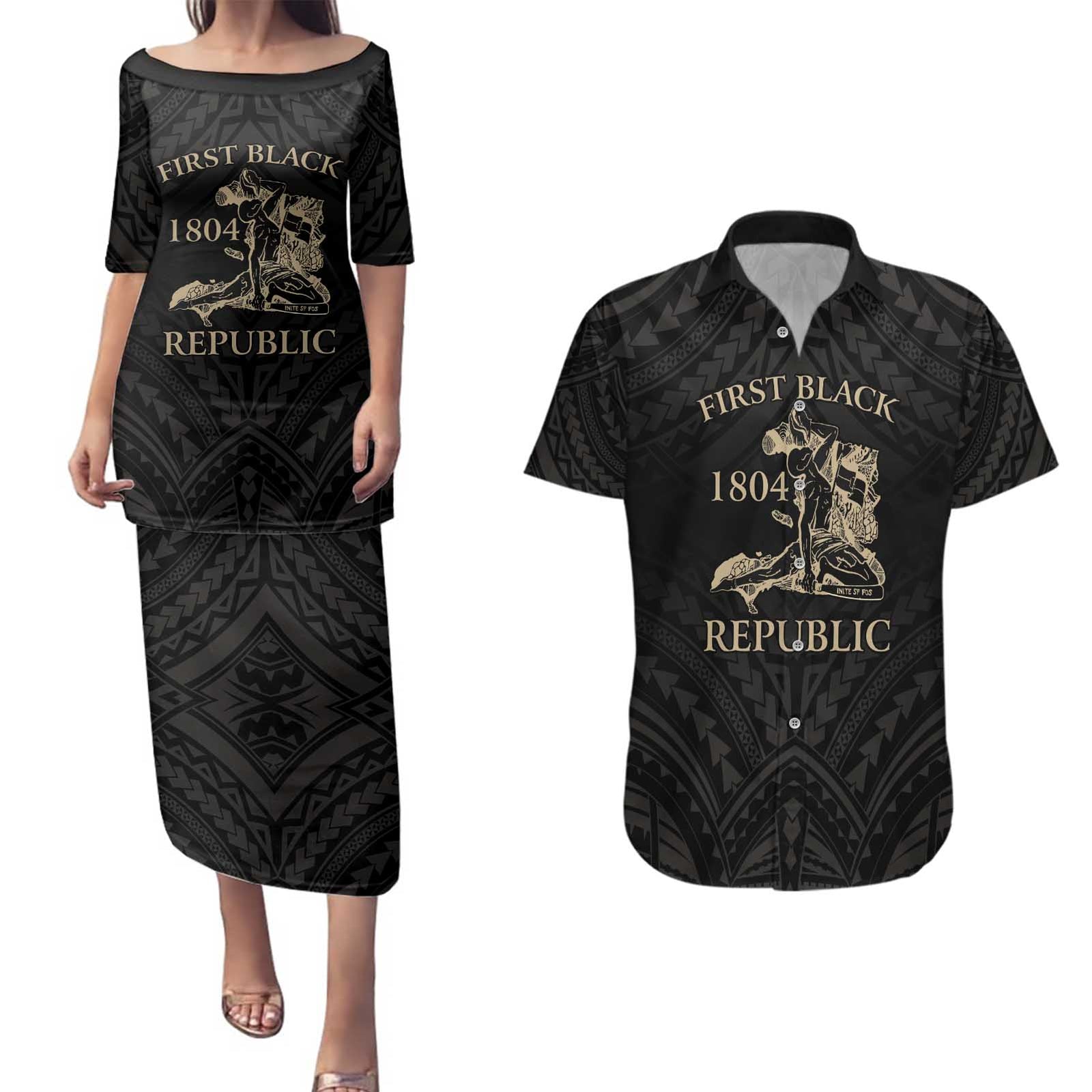 Personalized Haiti First Black Republic Couples Matching Puletasi and Hawaiian Shirt Negre Marron With Map And Flag LT9 Black - Polynesian Pride