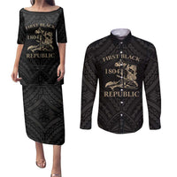 Personalized Haiti First Black Republic Couples Matching Puletasi and Long Sleeve Button Shirt Negre Marron With Map And Flag LT9 Black - Polynesian Pride