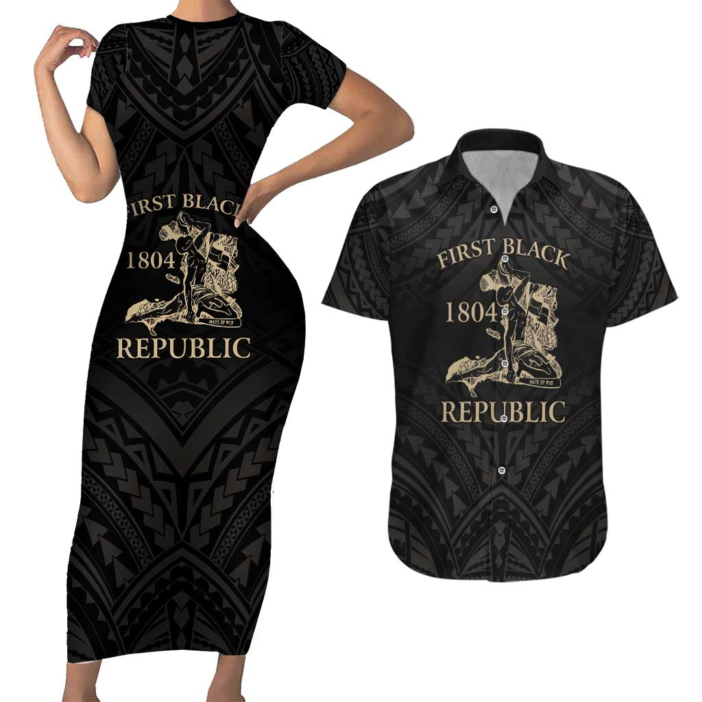 Personalized Haiti First Black Republic Couples Matching Short Sleeve Bodycon Dress and Hawaiian Shirt Negre Marron With Map And Flag LT9 Black - Polynesian Pride