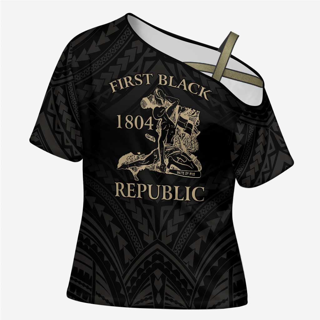 Personalized Haiti First Black Republic Cross Shoulder Shirt Negre Marron With Map And Flag LT9 Female Black - Polynesian Pride