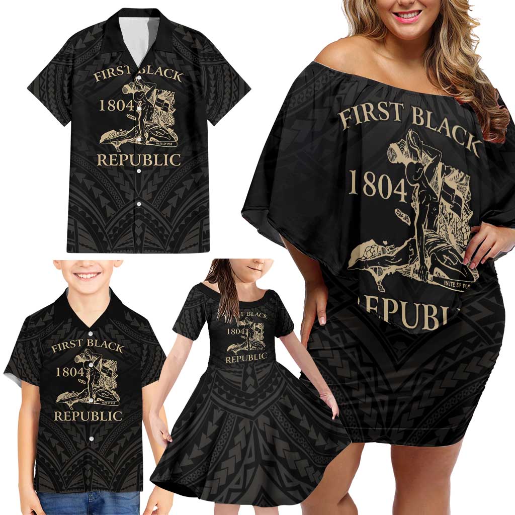 Personalized Haiti First Black Republic Family Matching Off Shoulder Short Dress and Hawaiian Shirt Negre Marron With Map And Flag