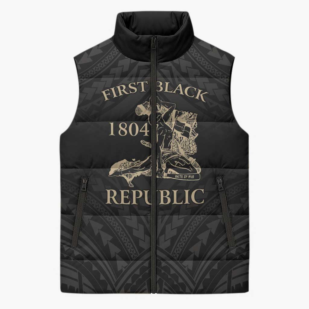 Personalized Haiti First Black Republic Sleeveless Puffer Jacket Negre Marron With Map And Flag LT9 Unisex Black - Polynesian Pride