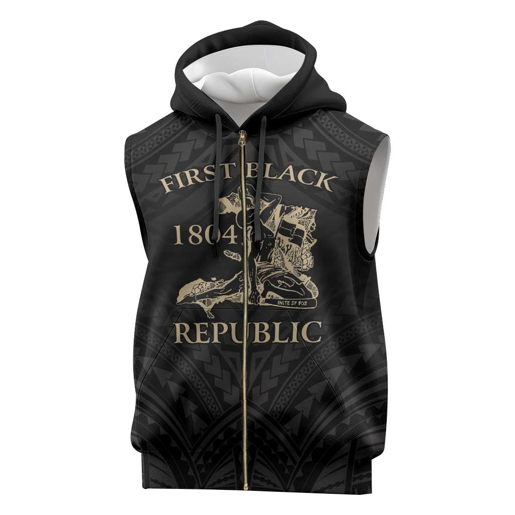 Personalized Haiti First Black Republic Sleeveless Zip Hoodie Negre Marron With Map And Flag - Polynesian Pride