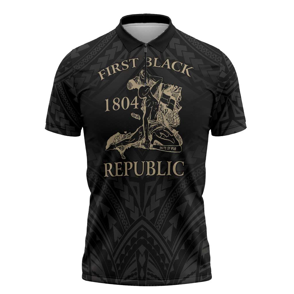 Personalized Haiti First Black Republic Zipper Polo Shirt Negre Marron With Map And Flag LT9 Black - Polynesian Pride