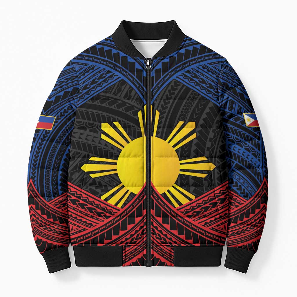 Personalized Philippines Bomber Puffer Jacket Polynesian Tribal Tattoo with Filipino Flag Motif - Polynesian Pride