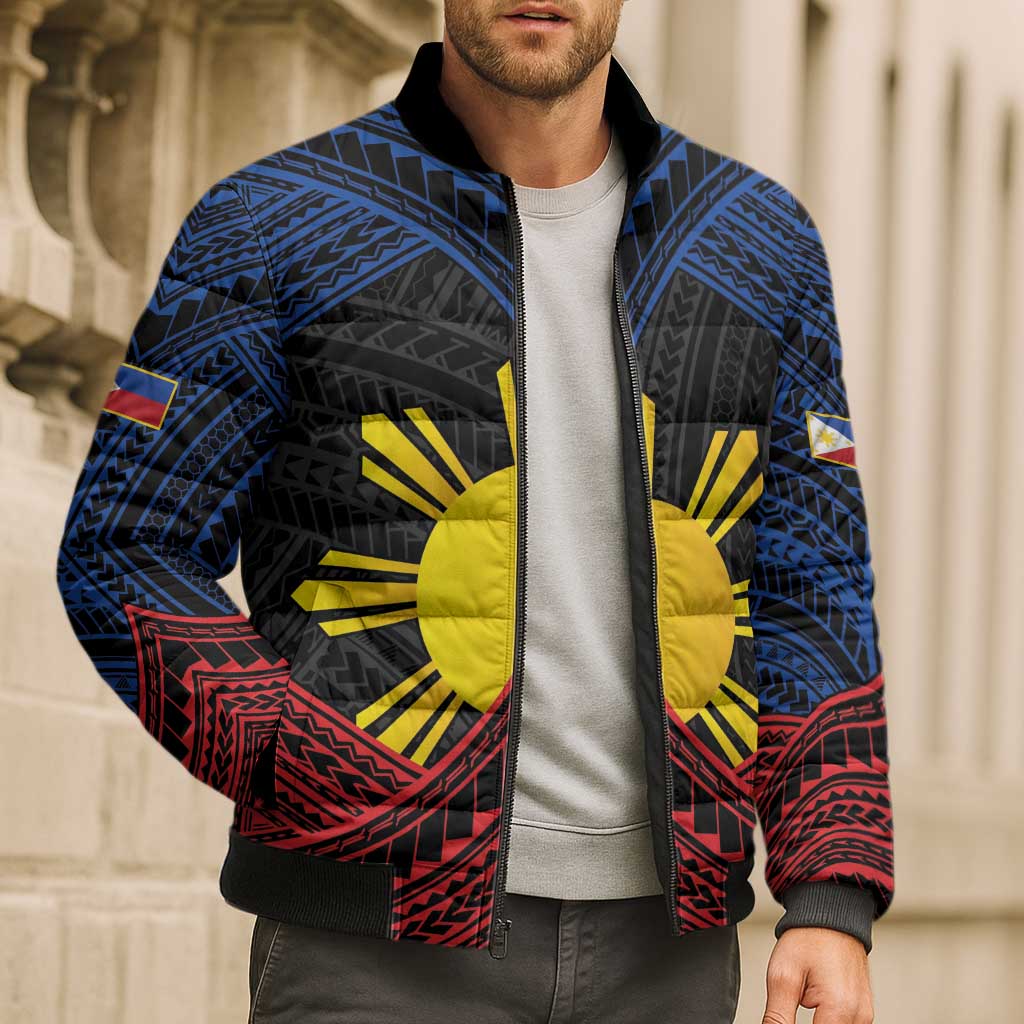 Personalized Philippines Bomber Puffer Jacket Polynesian Tribal Tattoo with Filipino Flag Motif - Polynesian Pride