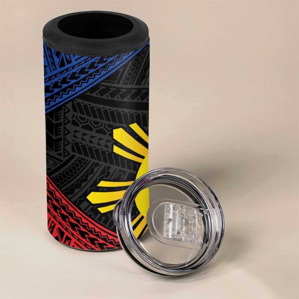 Personalized Philippines 4 in 1 Can Cooler Tumbler Polynesian Tribal Tattoo with Filipino Flag Motif