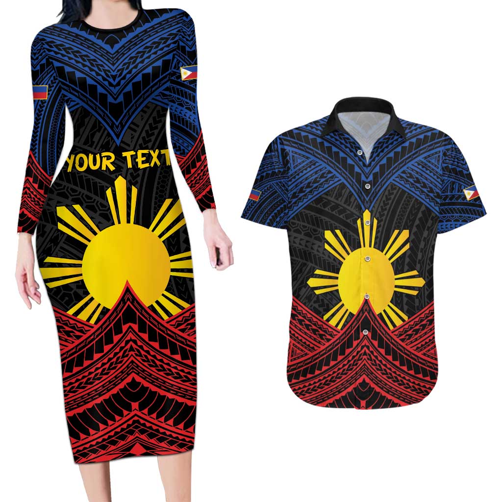 Personalized Philippines Couples Matching Long Sleeve Bodycon Dress and Hawaiian Shirt Polynesian Tribal Tattoo with Filipino Flag Motif