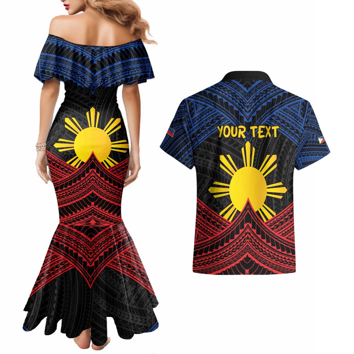 Personalized Philippines Couples Matching Mermaid Dress and Hawaiian Shirt Polynesian Tribal Tattoo with Filipino Flag Motif