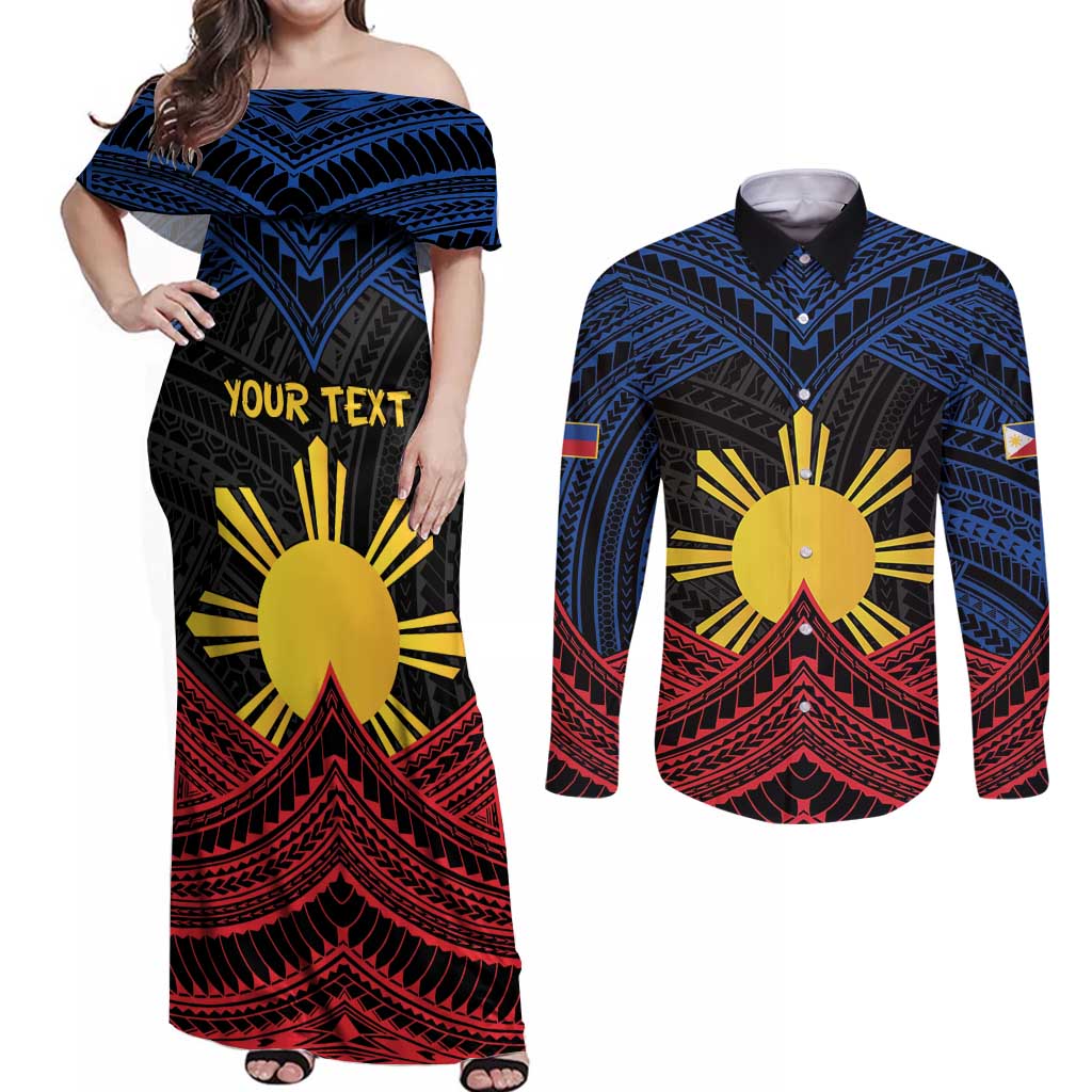 Personalized Philippines Couples Matching Off Shoulder Maxi Dress and Long Sleeve Button Shirt Polynesian Tribal Tattoo with Filipino Flag Motif