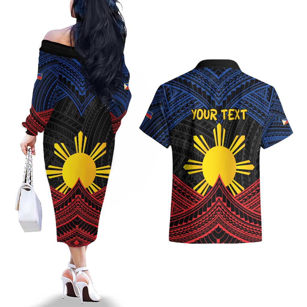 Personalized Philippines Couples Matching Off The Shoulder Long Sleeve Dress and Hawaiian Shirt Polynesian Tribal Tattoo with Filipino Flag Motif