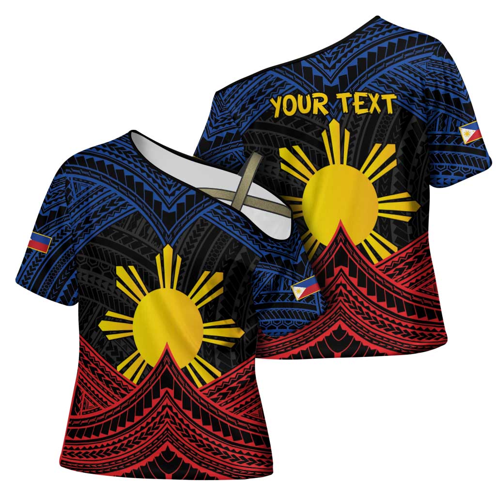 Personalized Philippines Cross Shoulder Shirt Polynesian Tribal Tattoo with Filipino Flag Motif - Polynesian Pride