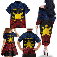 Personalized Philippines Family Matching Off The Shoulder Long Sleeve Dress and Hawaiian Shirt Polynesian Tribal Tattoo with Filipino Flag Motif