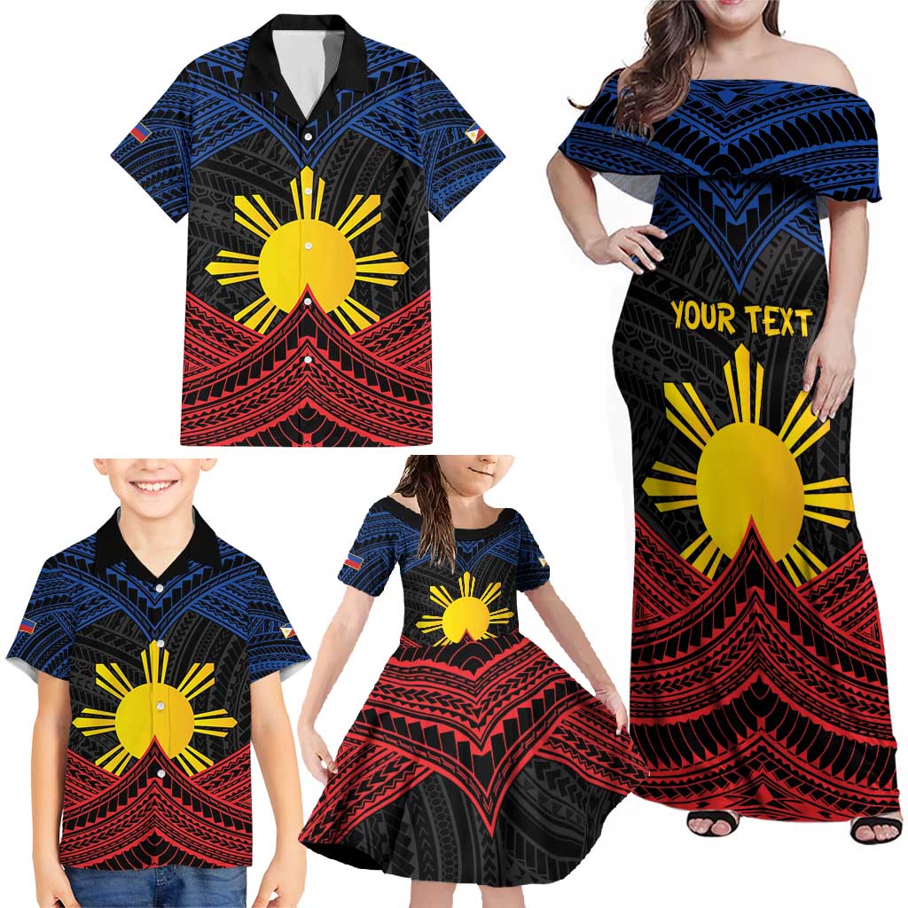 Personalized Philippines Family Matching Off Shoulder Maxi Dress and Hawaiian Shirt Polynesian Tribal Tattoo with Filipino Flag Motif