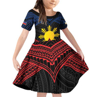 Personalized Philippines Family Matching Off Shoulder Short Dress and Hawaiian Shirt Polynesian Tribal Tattoo with Filipino Flag Motif