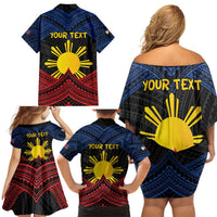 Personalized Philippines Family Matching Off Shoulder Short Dress and Hawaiian Shirt Polynesian Tribal Tattoo with Filipino Flag Motif