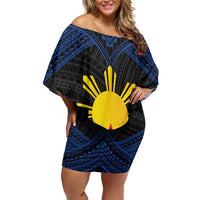 Personalized Philippines Family Matching Off Shoulder Short Dress and Hawaiian Shirt Polynesian Tribal Tattoo with Filipino Flag Motif