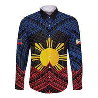 Personalized Philippines Long Sleeve Button Shirt Polynesian Tribal Tattoo with Filipino Flag Motif