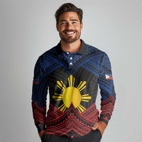 Personalized Philippines Long Sleeve Polo Shirt Polynesian Tribal Tattoo with Filipino Flag Motif