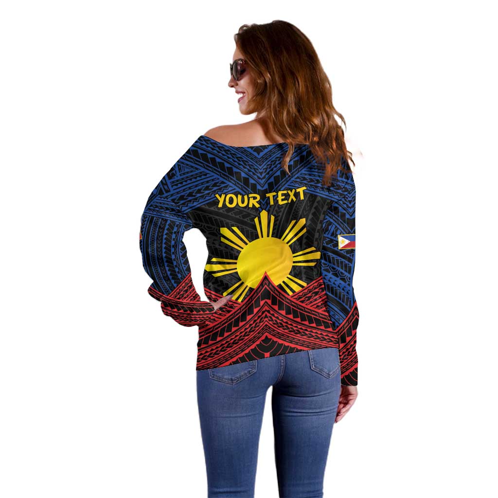 Personalized Philippines Off Shoulder Sweater Polynesian Tribal Tattoo with Filipino Flag Motif