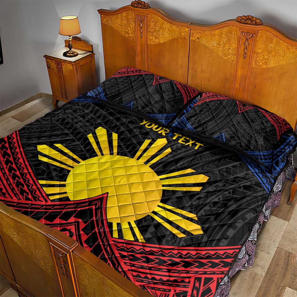 Personalized Philippines Quilt Bed Set Polynesian Tribal Tattoo with Filipino Flag Motif