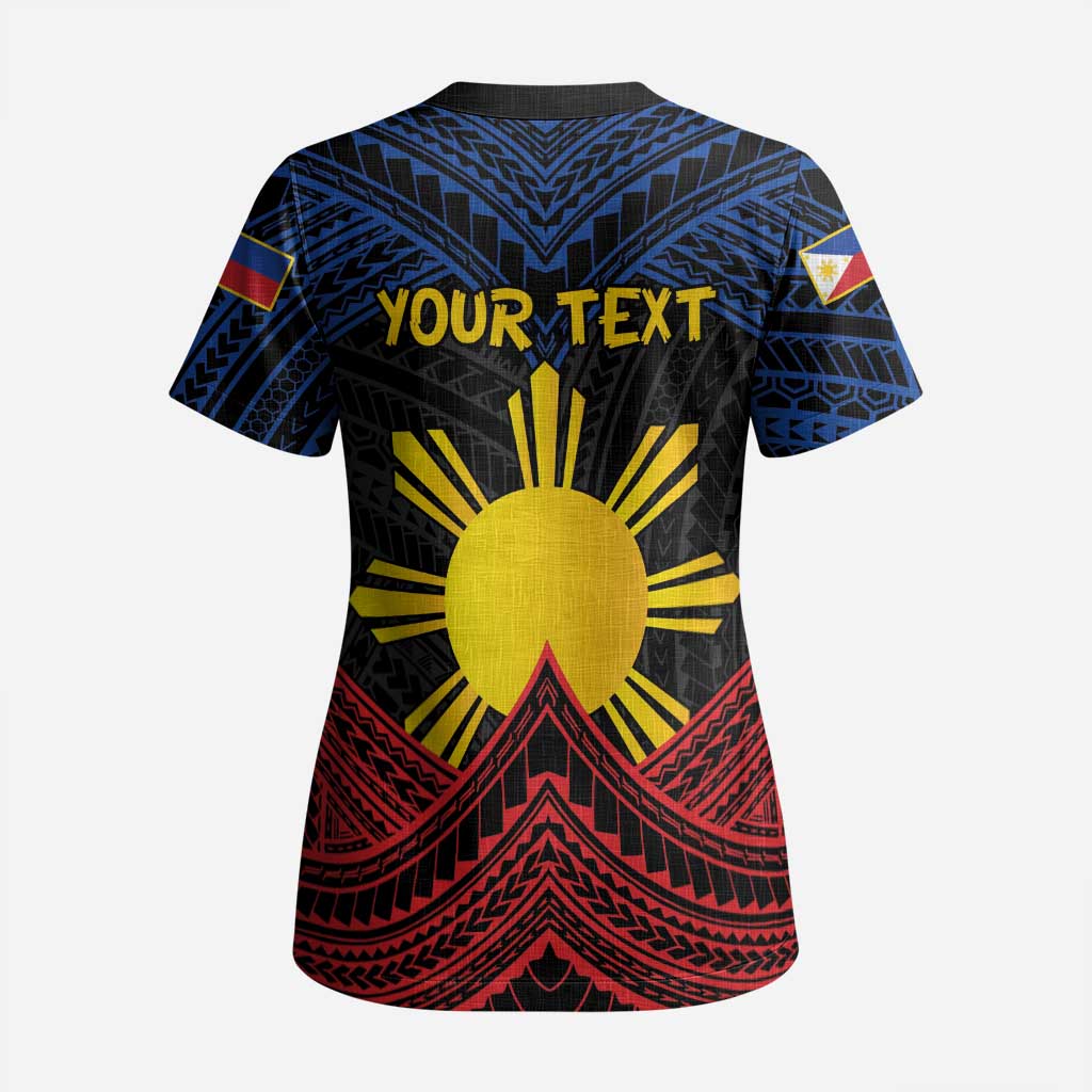 Personalized Philippines Scrub Top Polynesian Tribal Tattoo with Filipino Flag Motif - Polynesian Pride