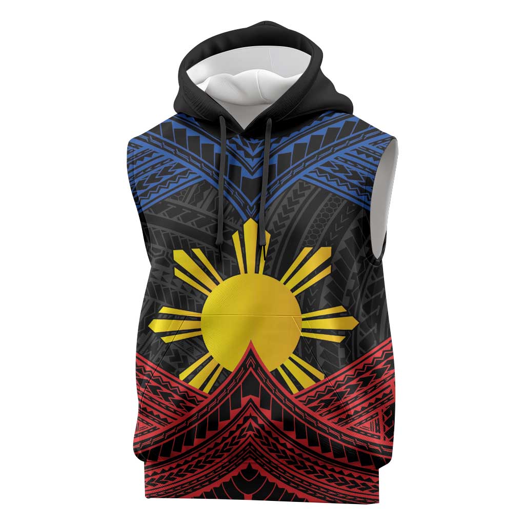 Personalized Philippines Sleeveless Hoodie Polynesian Tribal Tattoo with Filipino Flag Motif - Polynesian Pride