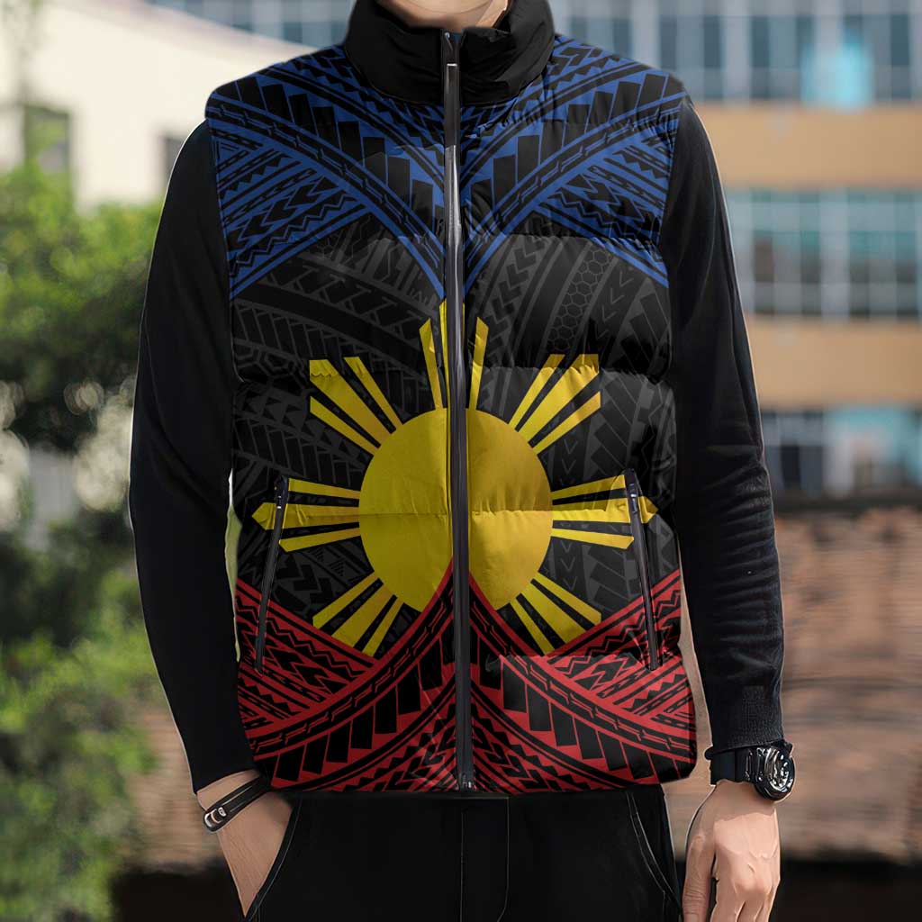 Personalized Philippines Sleeveless Puffer Jacket Polynesian Tribal Tattoo with Filipino Flag Motif - Polynesian Pride