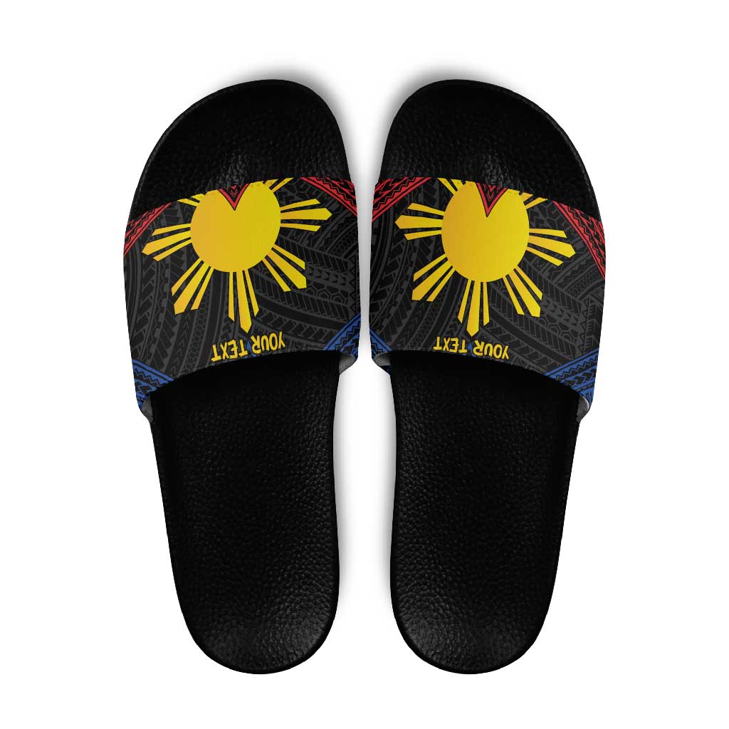 Personalized Philippines Slide Sandals Polynesian Tribal Tattoo with Filipino Flag Motif - Polynesian Pride