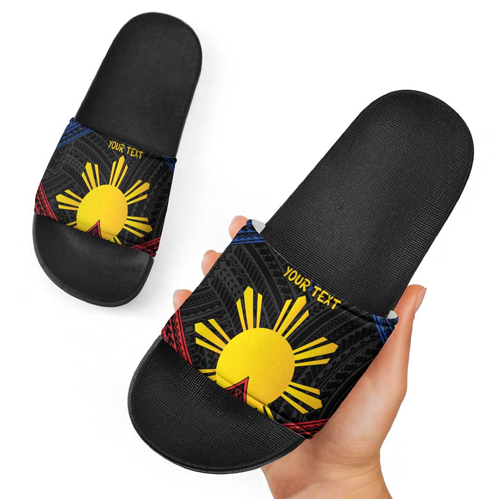 Personalized Philippines Slide Sandals Polynesian Tribal Tattoo with Filipino Flag Motif - Polynesian Pride