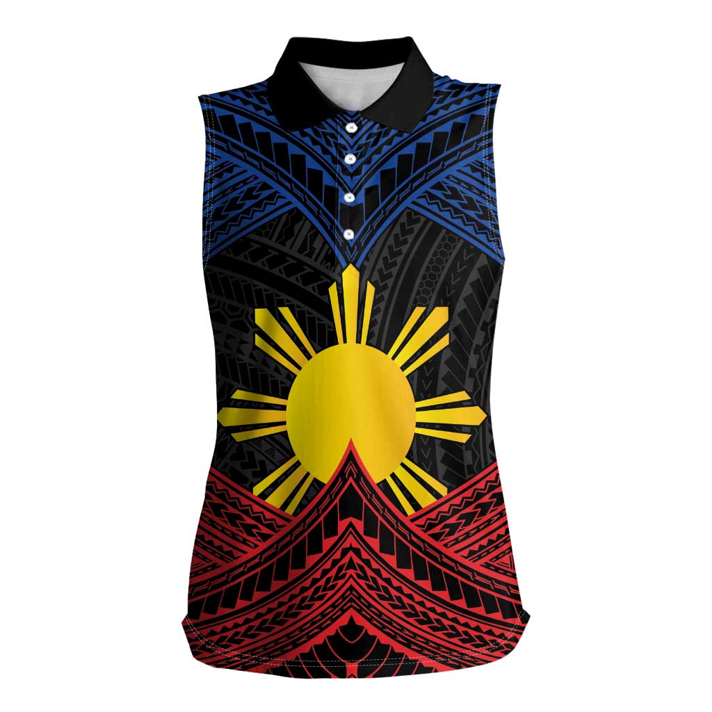 Personalized Philippines Women Sleeveless Polo Shirt Polynesian Tribal Tattoo with Filipino Flag Motif
