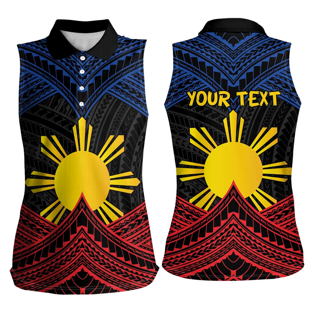 Personalized Philippines Women Sleeveless Polo Shirt Polynesian Tribal Tattoo with Filipino Flag Motif
