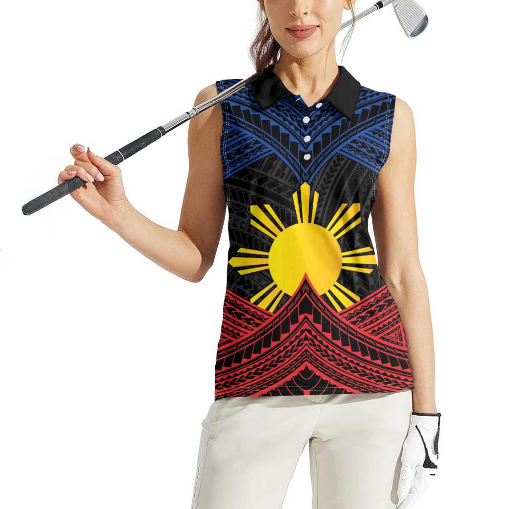 Personalized Philippines Women Sleeveless Polo Shirt Polynesian Tribal Tattoo with Filipino Flag Motif