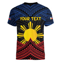 Personalized Philippines Women V-Neck T-Shirt Polynesian Tribal Tattoo with Filipino Flag Motif
