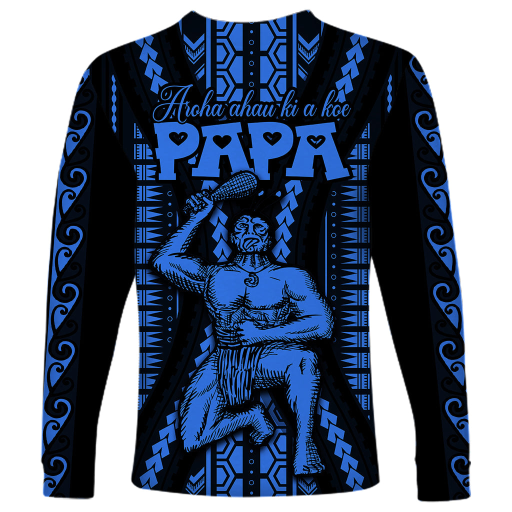 Personalised Aotearoa Father's Day Gift For Dad Long Sleeve Shirt Aroha Ahau Ki A Koe Papa - Blue Maori Style Pattern LT9 - Polynesian Pride