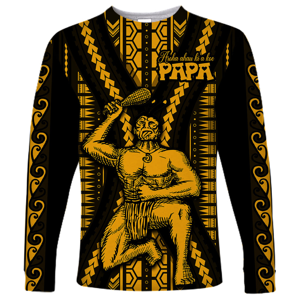 Aotearoa Father's Day Gift For Dad Long Sleeve Shirt Aroha Ahau Ki A Koe Papa - Gold Maori Style Pattern LT9 Unisex Gold - Polynesian Pride