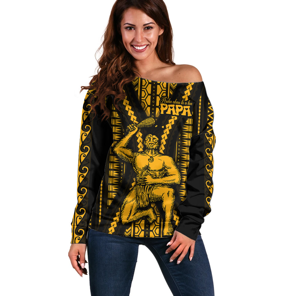 Aotearoa Father's Day Gift For Dad Off Shoulder Sweater Aroha Ahau Ki A Koe Papa - Gold Maori Style Pattern LT9 Women Gold - Polynesian Pride