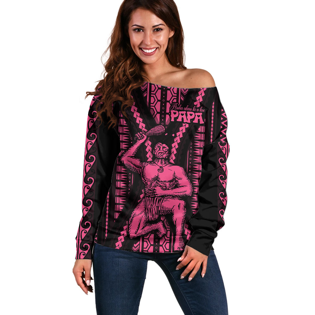 Maori Fathers Day New Zealand Off Shoulder Sweater Aroha Ahau Ki A Koe Papa - Pink LT9 Women Pink - Polynesian Pride