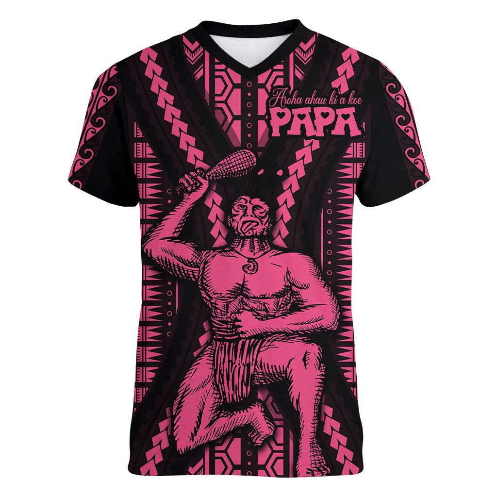 Maori Fathers Day New Zealand Women V Neck T Shirt Aroha Ahau Ki A Koe Papa - Pink LT9 Female Pink - Polynesian Pride