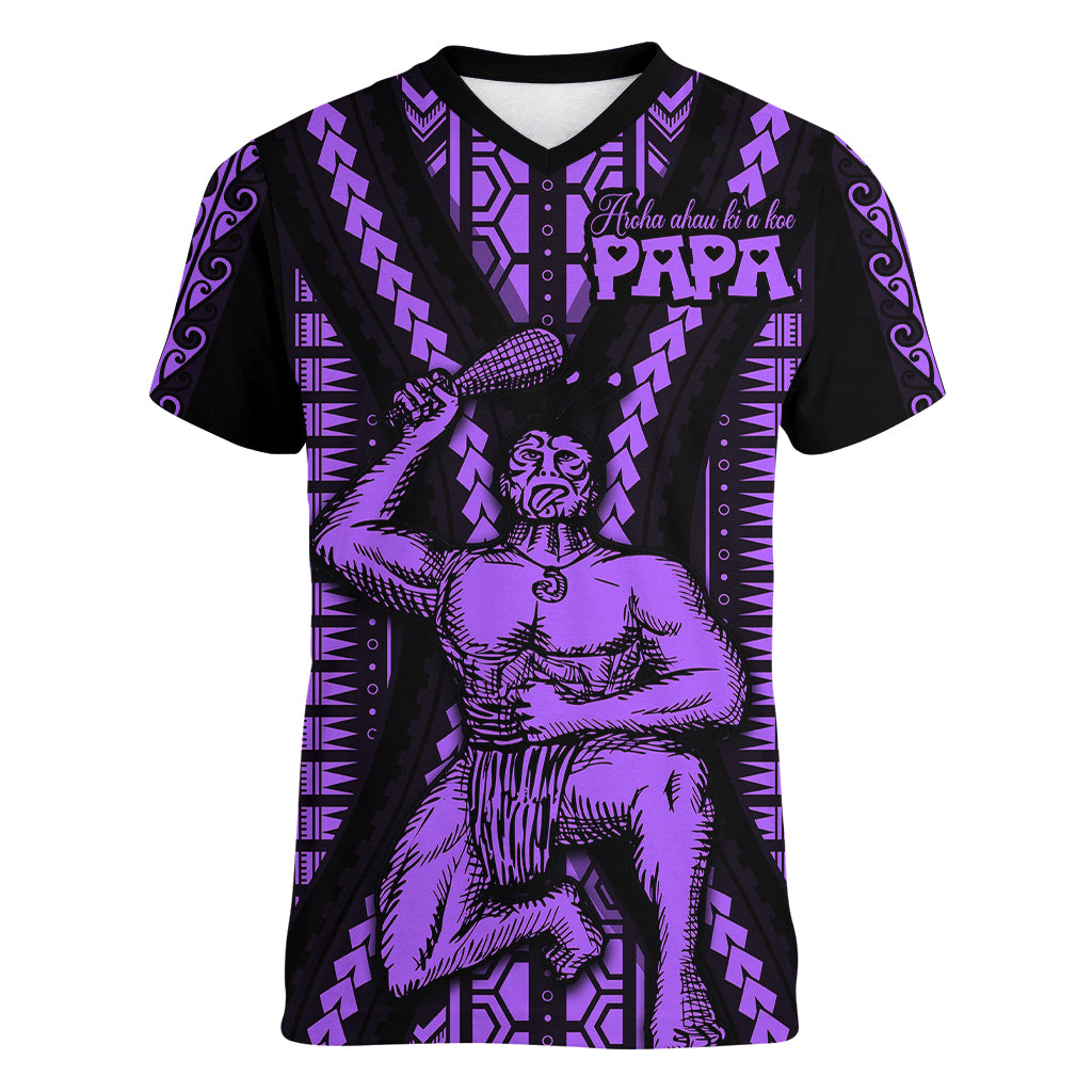 Maori Fathers Day New Zealand Women V Neck T Shirt Aroha Ahau Ki A Koe Papa - Purple LT9 Female Purple - Polynesian Pride