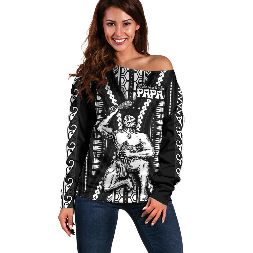 Maori Fathers Day New Zealand Off Shoulder Sweater Aroha Ahau Ki A Koe Papa - Black LT9 Women Black - Polynesian Pride