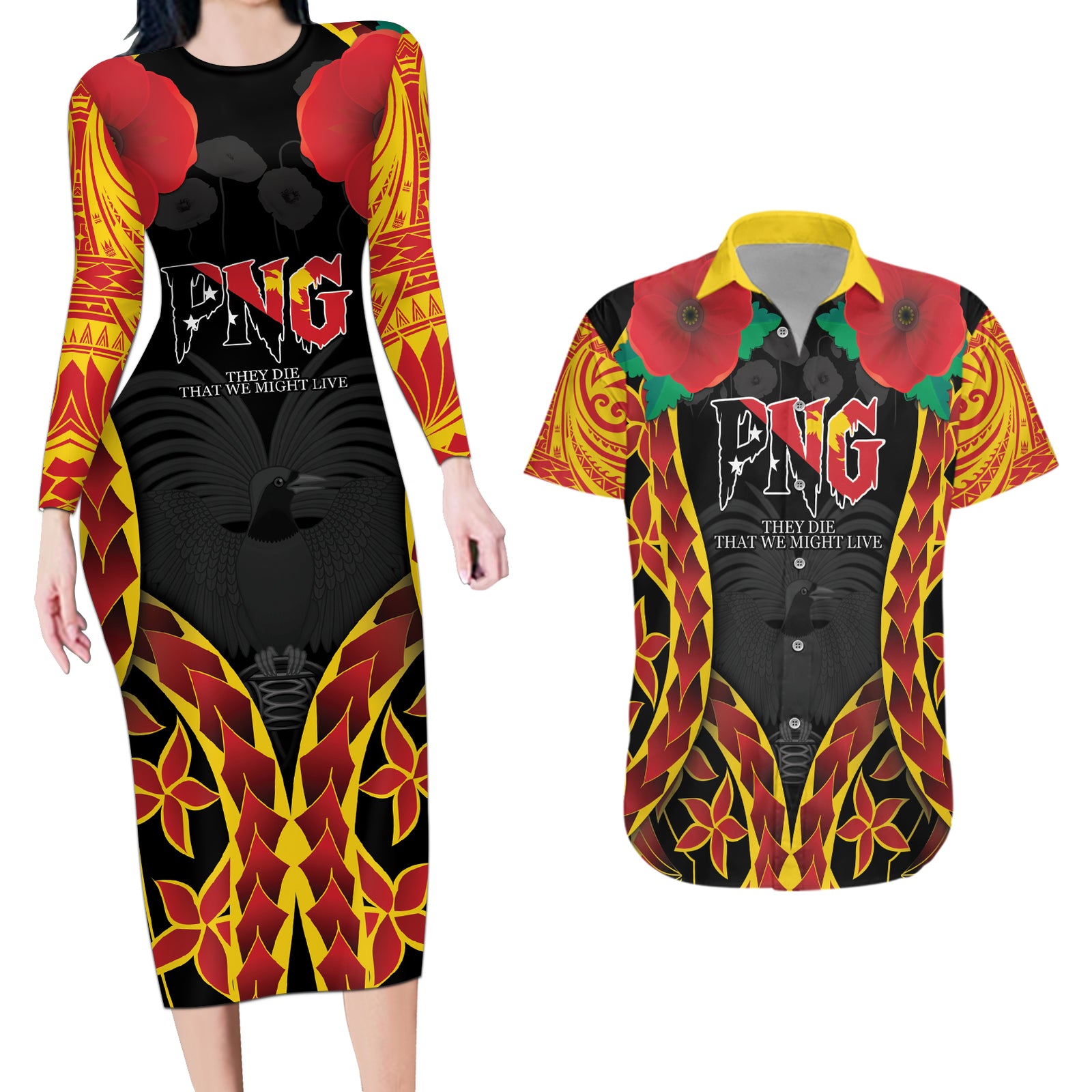 Personalised Papua New Guinea Remembrance Day Couples Matching Long Sleeve Bodycon Dress and Hawaiian Shirt LT9 Red - Polynesian Pride