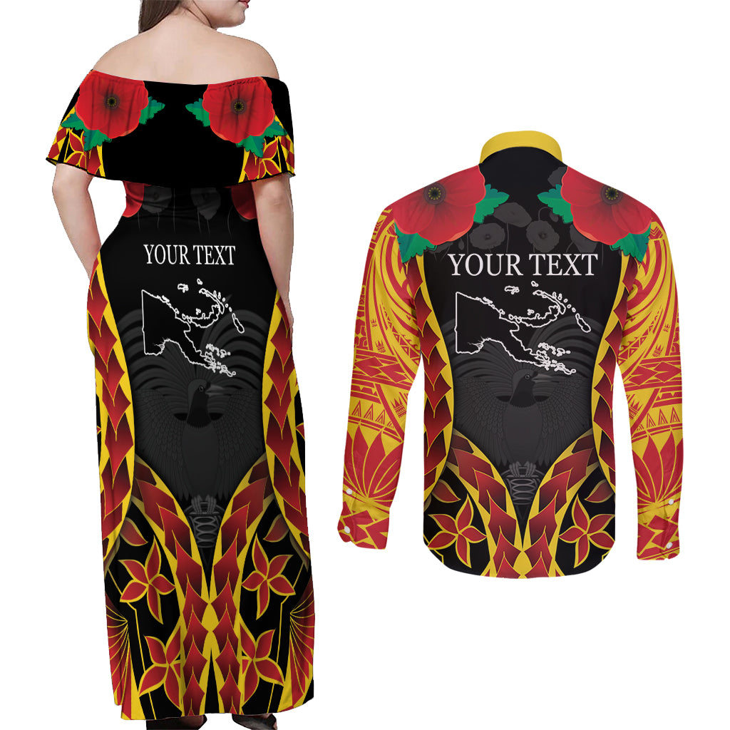 Personalised Papua New Guinea Remembrance Day Couples Matching Off Shoulder Maxi Dress and Long Sleeve Button Shirt LT9 - Polynesian Pride