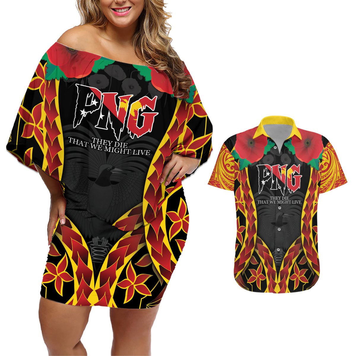 Personalised Papua New Guinea Remembrance Day Couples Matching Off Shoulder Short Dress and Hawaiian Shirt LT9 Red - Polynesian Pride