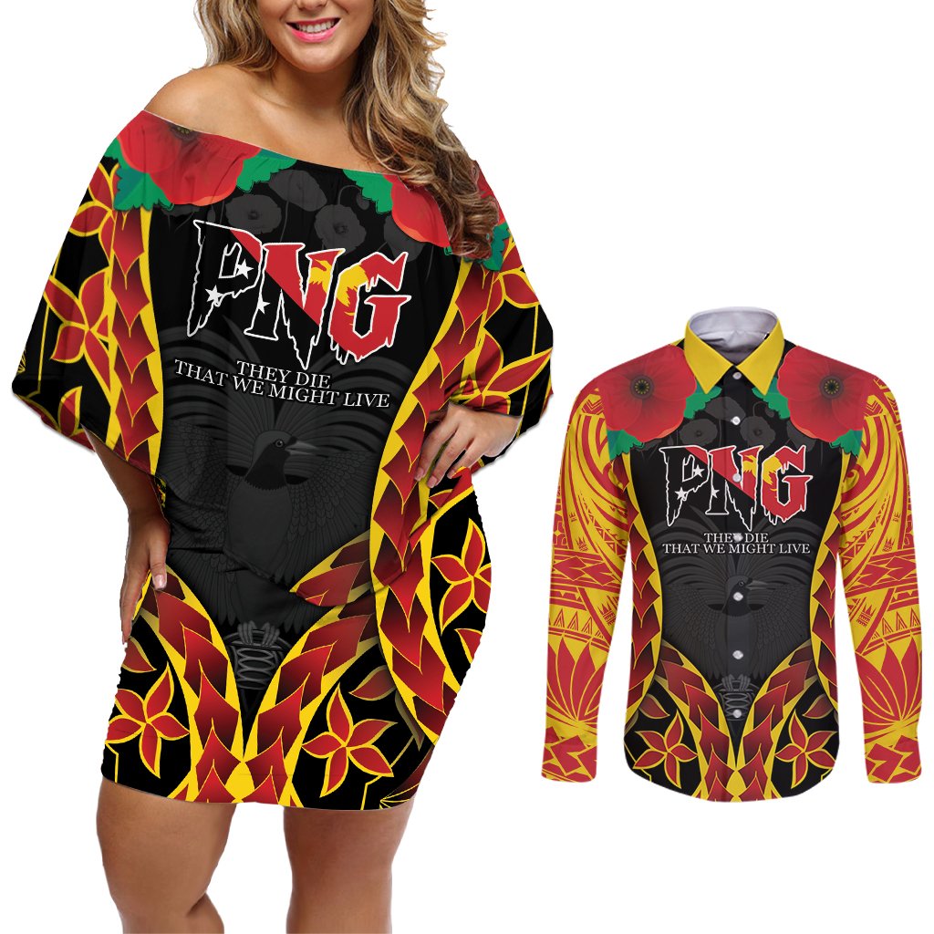 Personalised Papua New Guinea Remembrance Day Couples Matching Off Shoulder Short Dress and Long Sleeve Button Shirt LT9 Red - Polynesian Pride