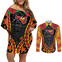 Personalised Papua New Guinea Remembrance Day Couples Matching Off Shoulder Short Dress and Long Sleeve Button Shirt LT9 Red - Polynesian Pride