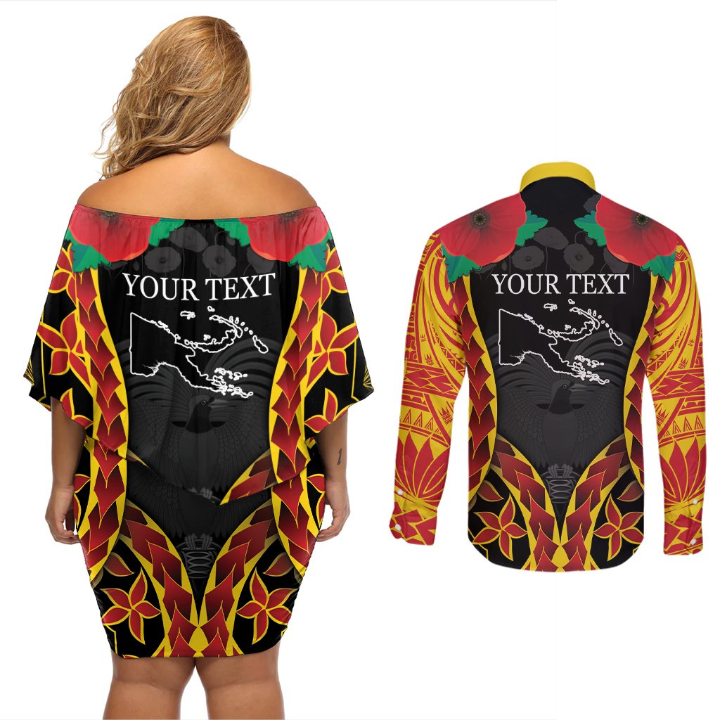 Personalised Papua New Guinea Remembrance Day Couples Matching Off Shoulder Short Dress and Long Sleeve Button Shirt LT9 - Polynesian Pride