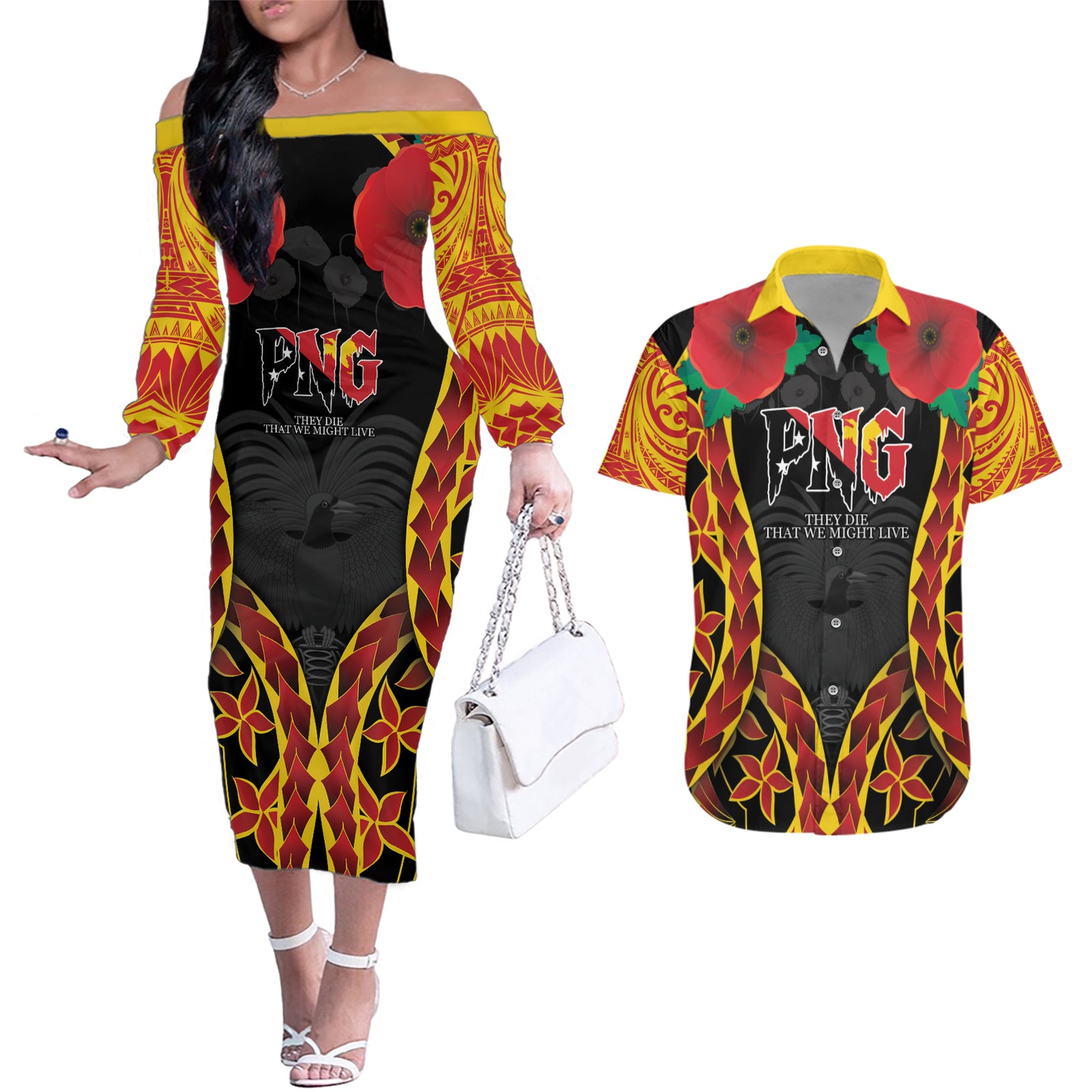Personalised Papua New Guinea Remembrance Day Couples Matching Off The Shoulder Long Sleeve Dress and Hawaiian Shirt LT9 Red - Polynesian Pride