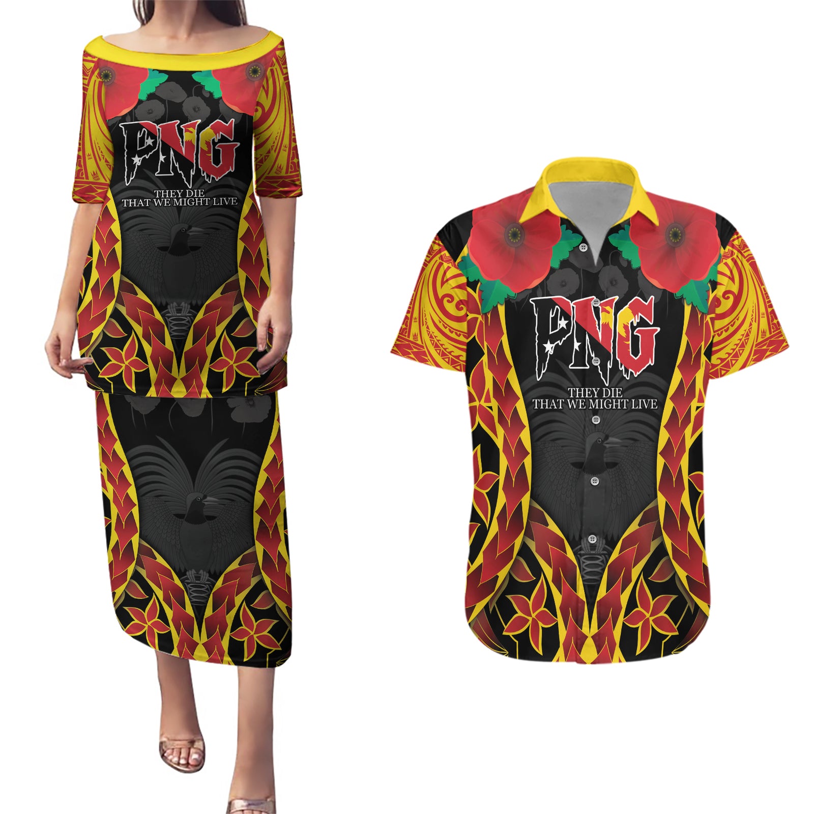Personalised Papua New Guinea Remembrance Day Couples Matching Puletasi and Hawaiian Shirt LT9 Red - Polynesian Pride