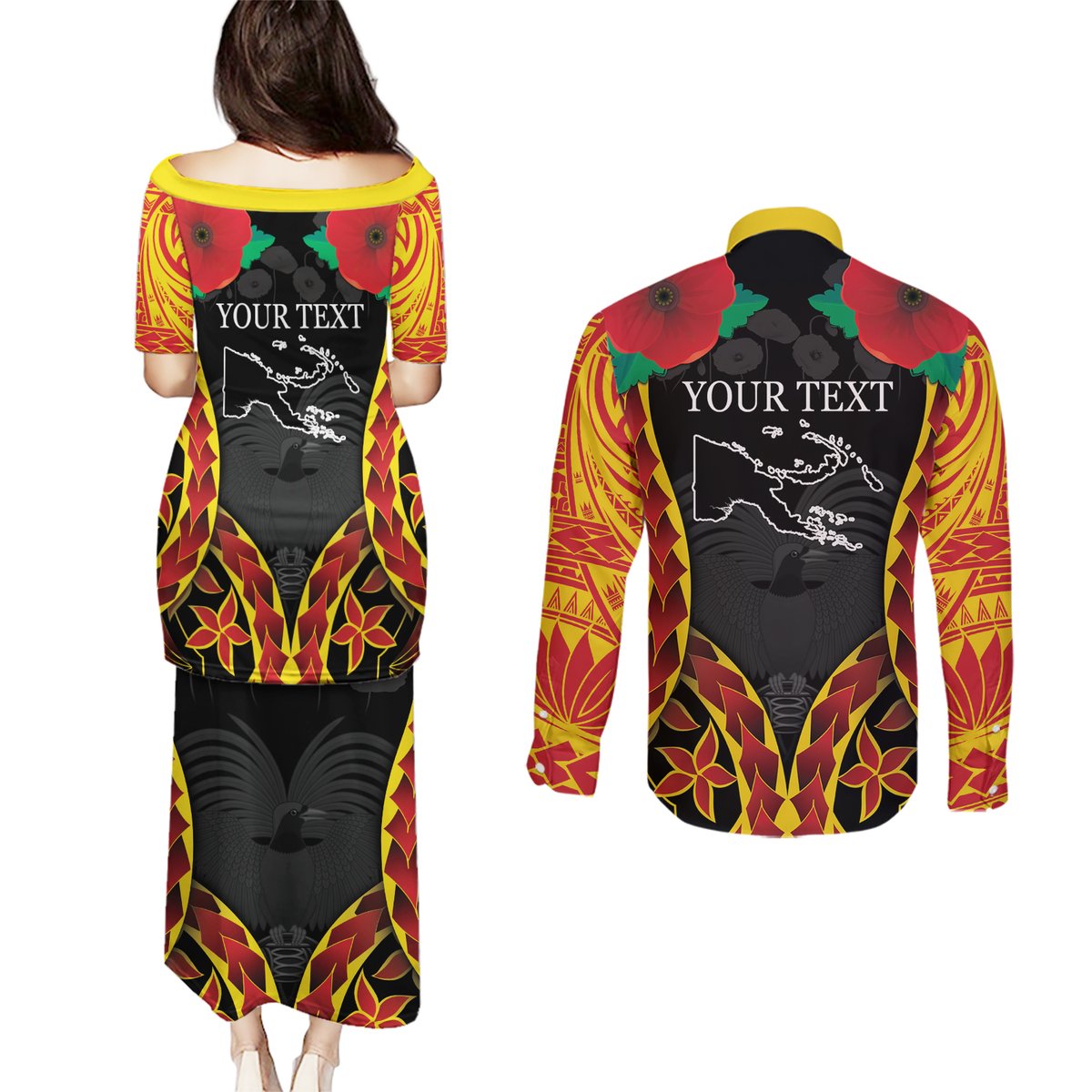 Personalised Papua New Guinea Remembrance Day Couples Matching Puletasi and Long Sleeve Button Shirt LT9 - Polynesian Pride